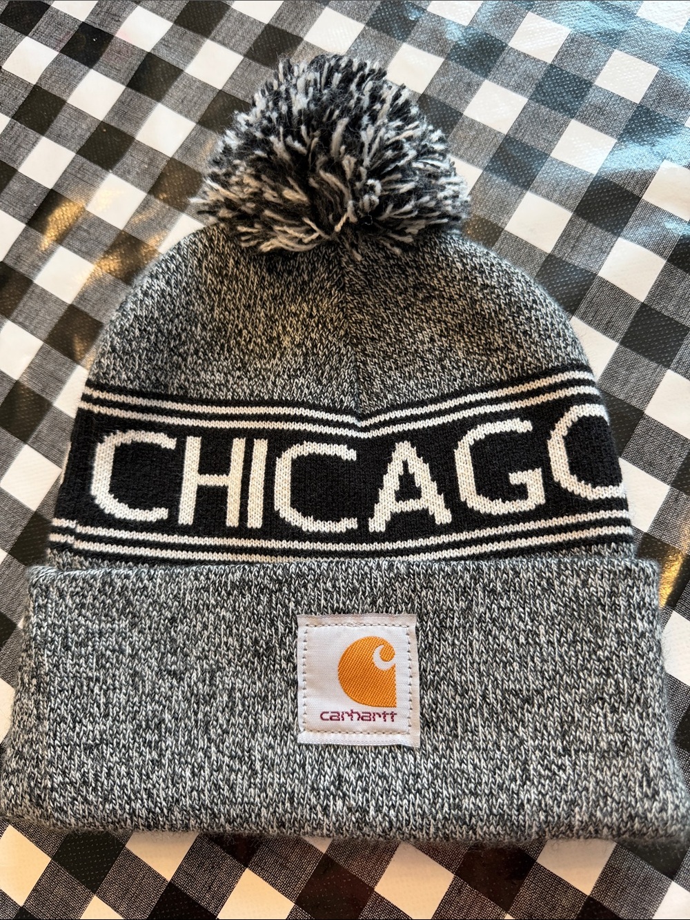 Rare Carhartt Pom Pom Adult Winter Chicago Beanie Hat Black and White
